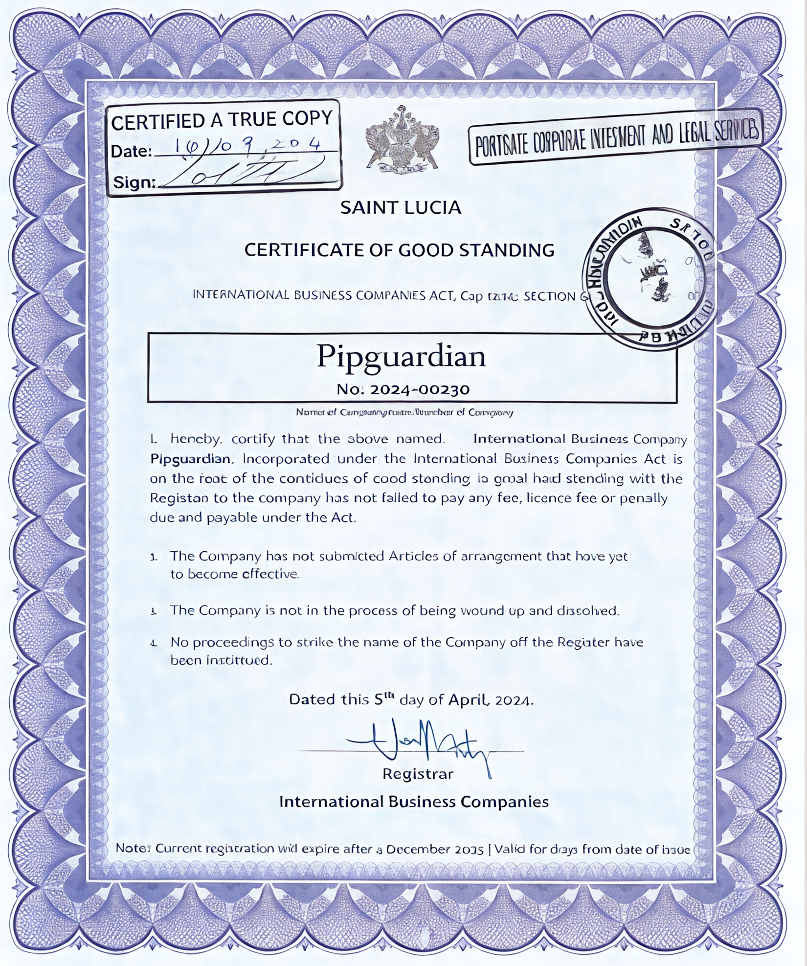 Saint Lucia Certificate of Good Standing — PipGuardian No. 2024-00230