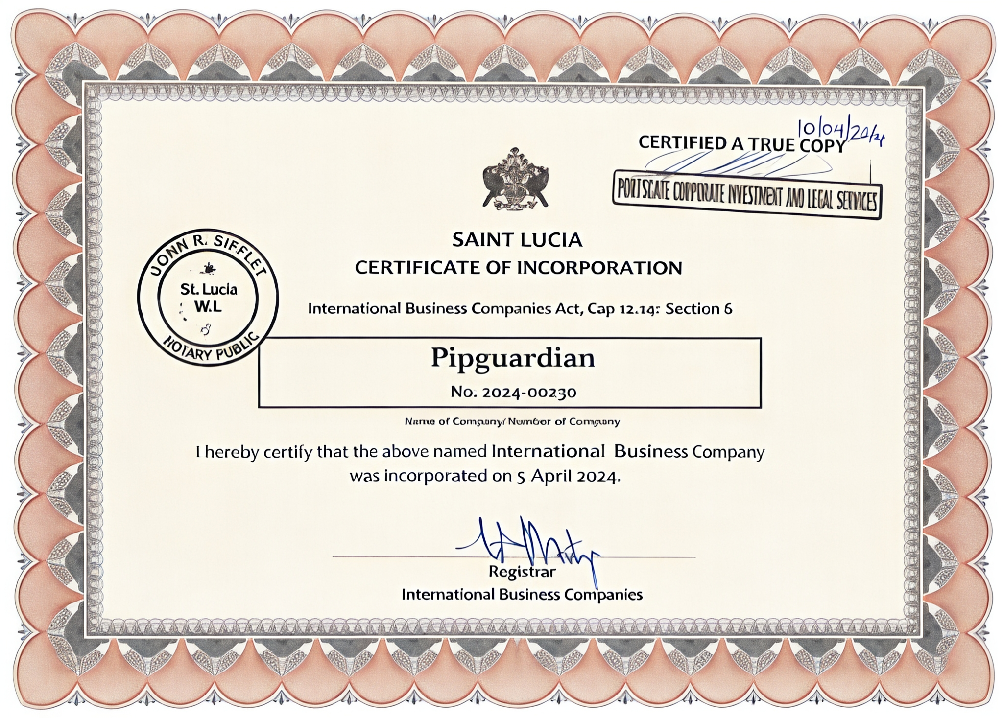 Saint Lucia Certificate of Incorporation — PipGuardian No. 2024-00230